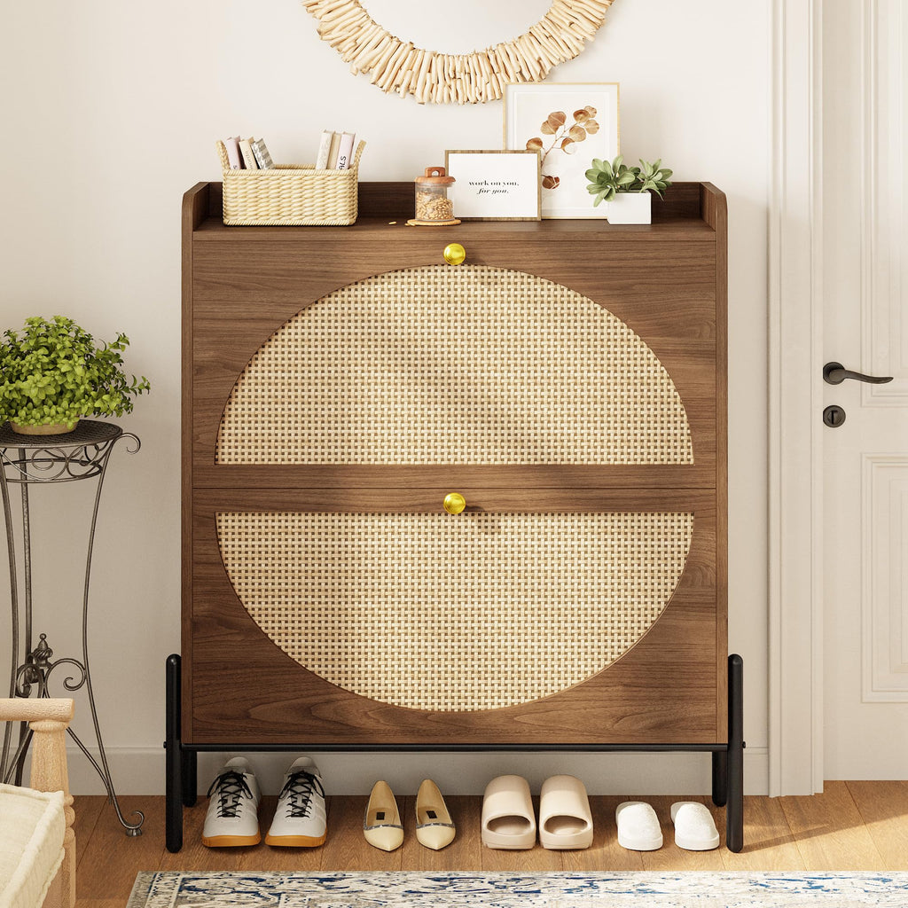 Rattan Shoe Cabinet Storage with 2 Flip Drawers, Walnut