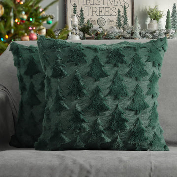 Christmas Tree Decorative Pillow Covers 16x16 Set of 2, Green Soft Plush Faux Fur Farmhouse Throw Cushion Cases for