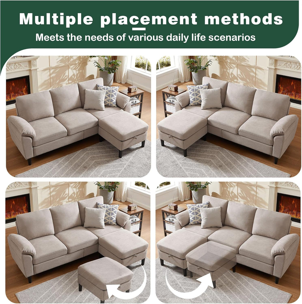 80" Convertible Sectional Sofa, Small L Shaped 3 Seat Couch with Reversible Storage Chaise