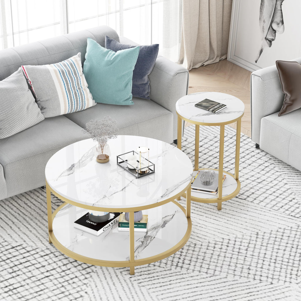 Round Side Table, Modern Nightstand End Table with Gold Metal Frame &Faux Marble Top, Accent Bedside Table Bedroom