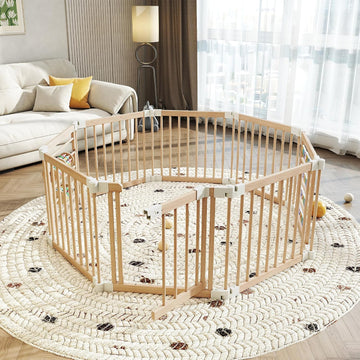Wooden Baby Playpen, 8-Panel Foldable Play Yard with Built-in Toys | 54 x 54 x 24 in Large Adjustable Baby Fence with