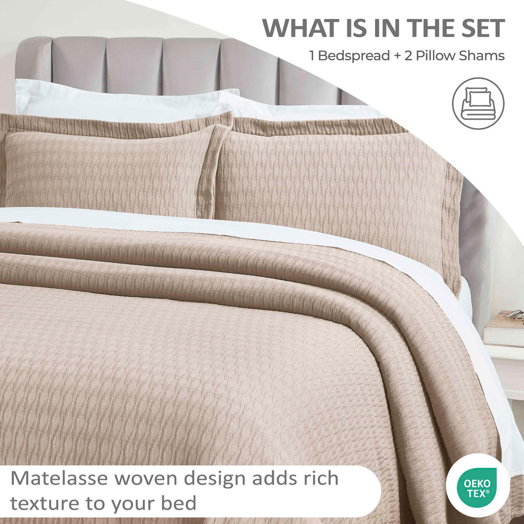 3 Piece Cotton Bedspread Set, Home Bed Decor, Decorative Bed Spread, 2 Pillow Shams, Medium Weight Blanket, Matelasse