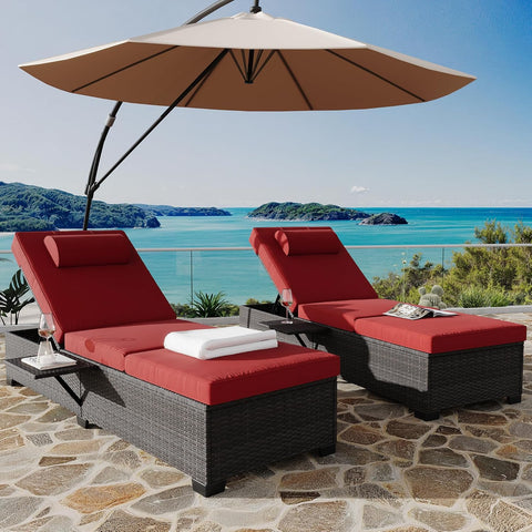 2Piece Outdoor PE Wicker Chaise Lounge Chairs, Pool Lounge Chairs Adjustable Backrest Recliners