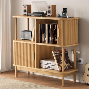 40" Large Record Player Stand with Charging Station, Mid Century Modern Turntable Cabinet with Sliding Doors, Wood