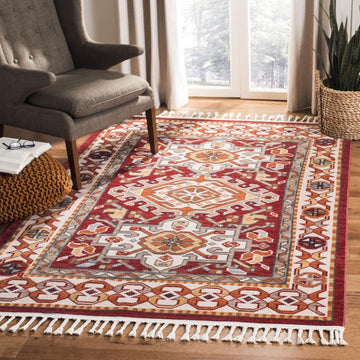 Area Rug - Farmhouse Collection - Large - Ivory & Red, Oriental Tribal Tassel Design, Non-Shedding & Easy