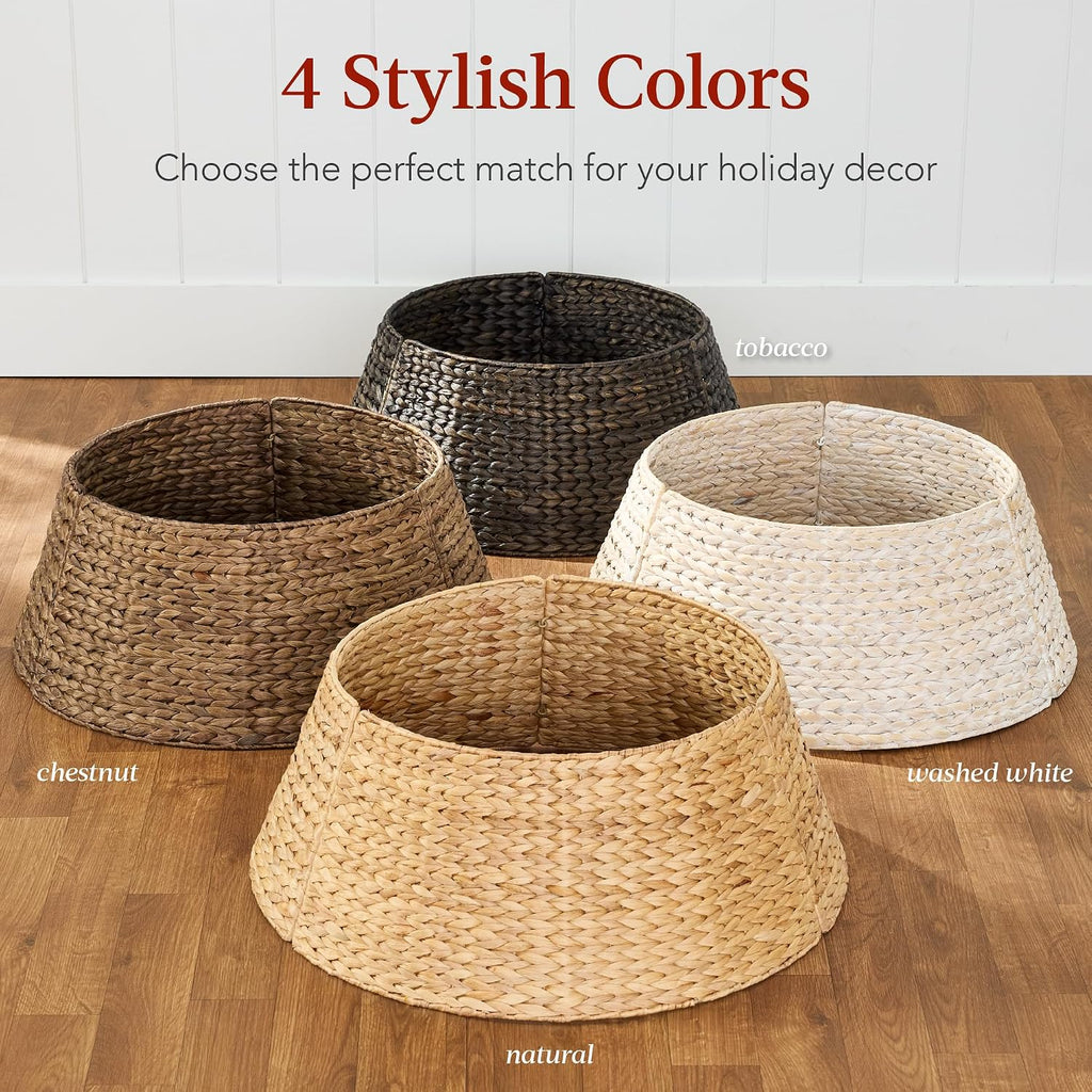 24in Christmas Tree Collar, Woven Hyacinth 3-Piece Holiday Rattan Tree Skirt Accessory w/Cord Cut-Out - Chestnut