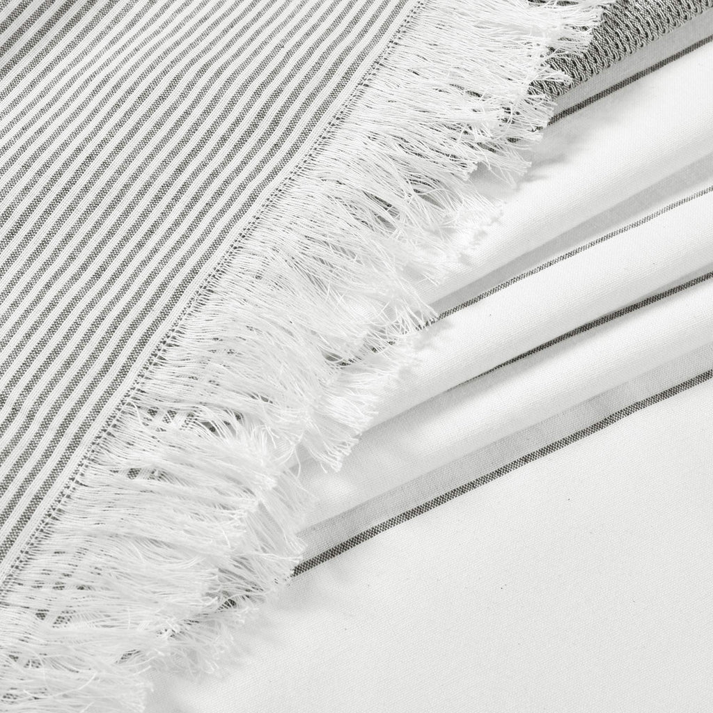 White Woven Cotton with Gray Stripe and Tassel Fringe, Bathroom Accessories (72" x 72")