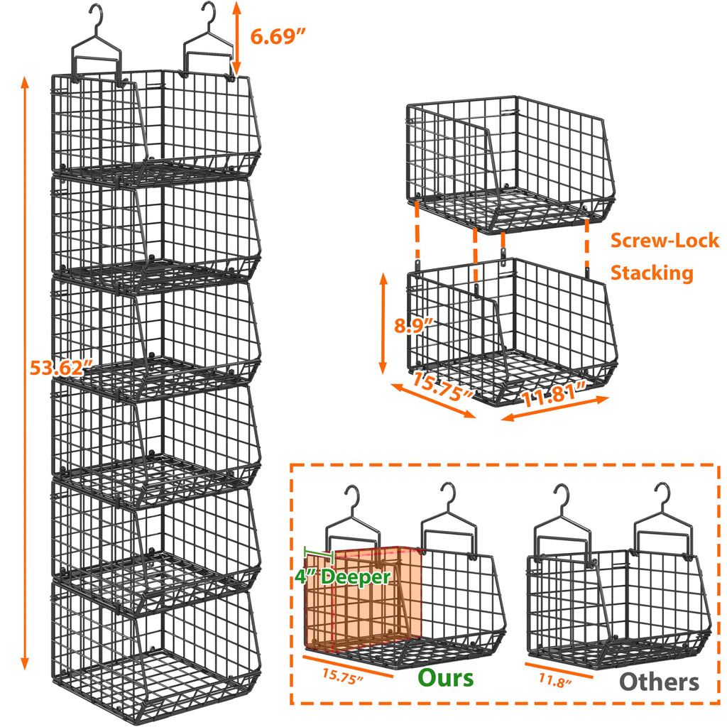 6-Tier Extended Depth Hanging Closet Organizers and Storage for Closet Organization, Stackable Hanging Shelves with