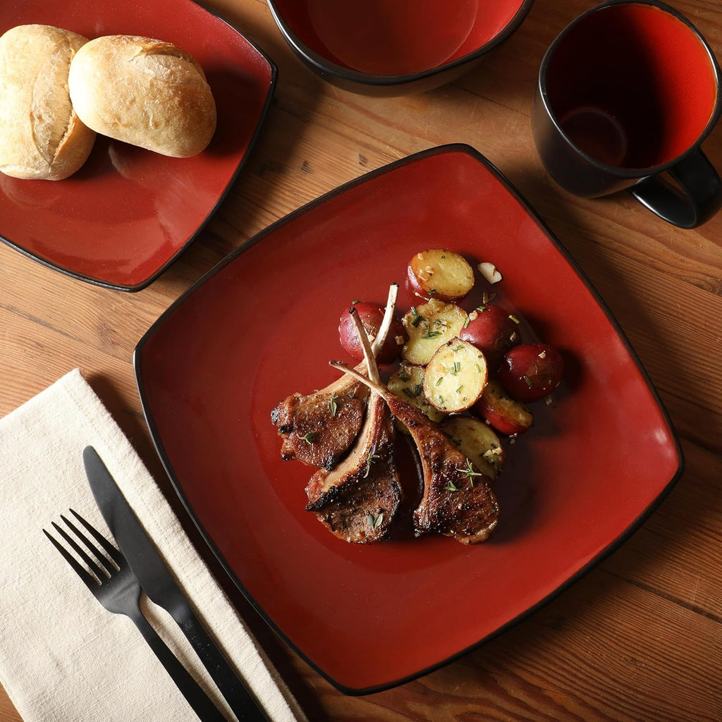 Soho Lounge Square 16-Piece Dinnerware Set, Service for 4, Reactive Glaze Stoneware Plates and Bowls, Modern Dishes