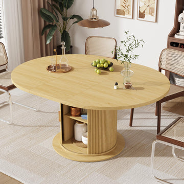 47-63in Extendable Round Dining Table for 4-8, Modern Kitchen Oval Dining Table with 2-Layer Storage Shelf, Wood