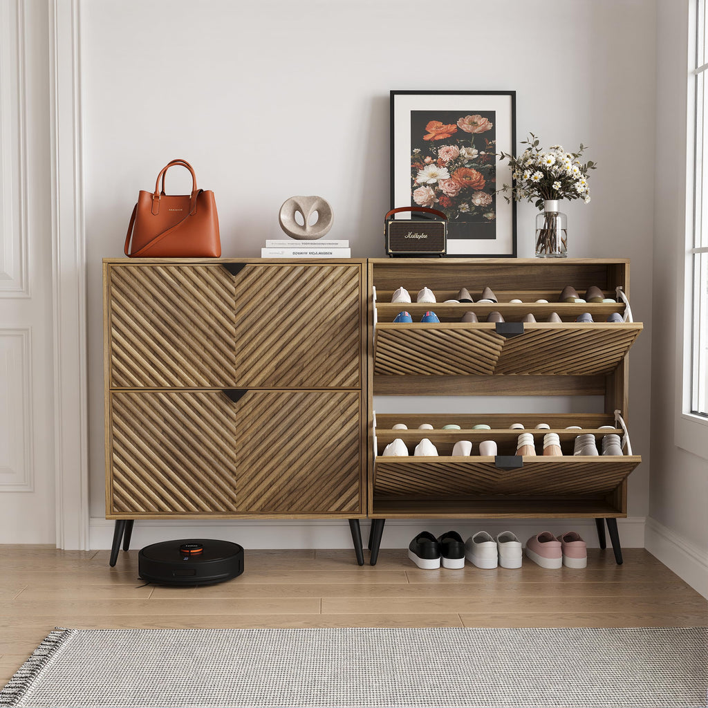 Walnut Shoe Cabinet with 2 Flip Drawers, 31.5" Hidden Shoe Storage Cabinet with Fluted Diamond Doors, Freestanding