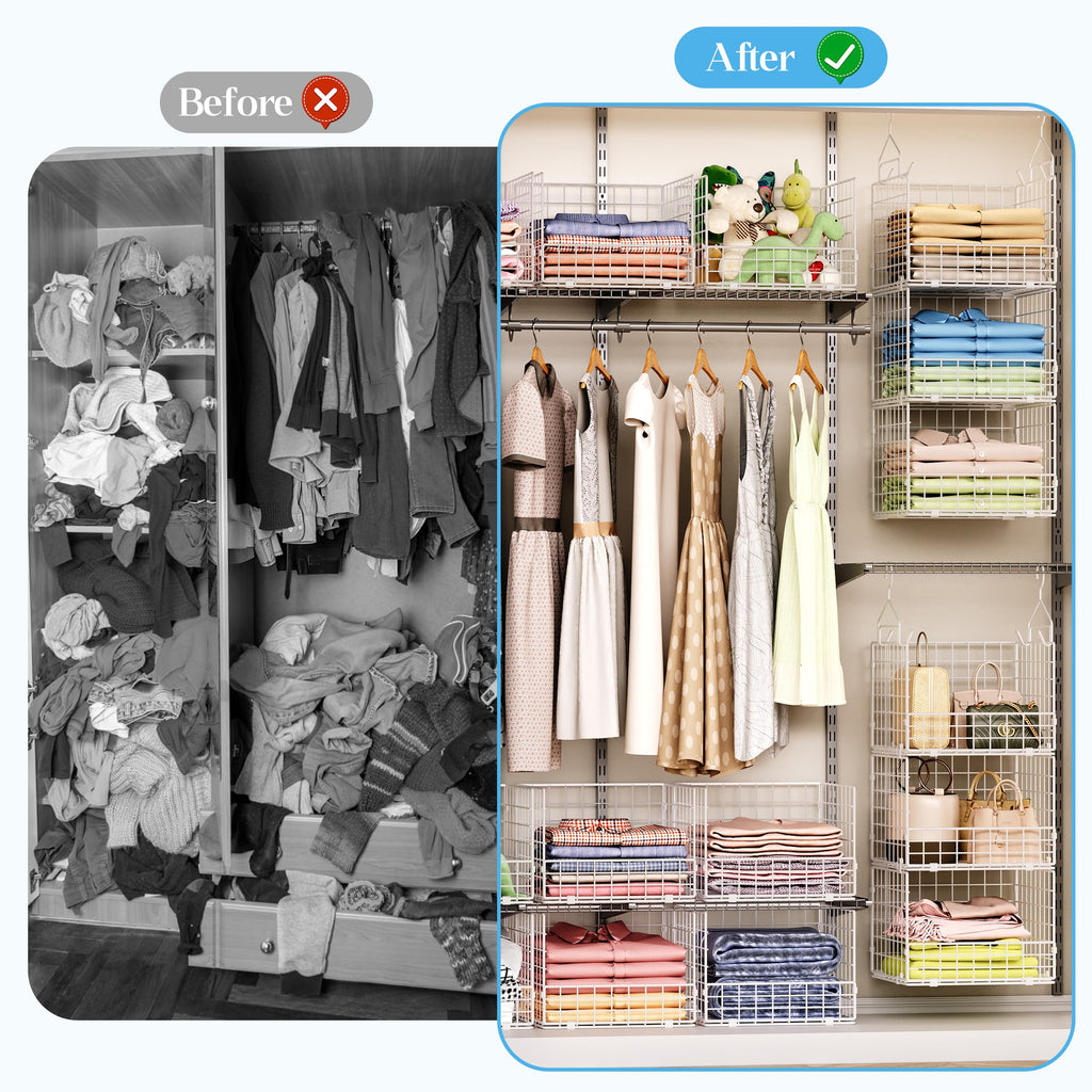 3-Tier Hanging Closet Organizer with 5 S Hooks, Closet Shelves for Clothes, Shoes, Handbags, Accessories, Hanging