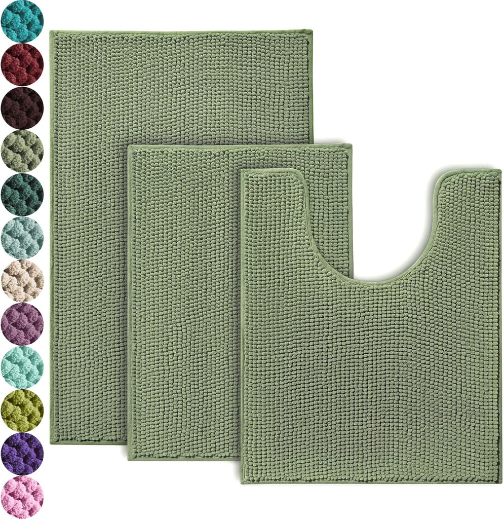 Bathroom Rugs Sets 3 Piece, Non-Slip Chenille Bath Rug - Ultra Soft, Washable, Super Absorbent Bath Mat , Toilet and