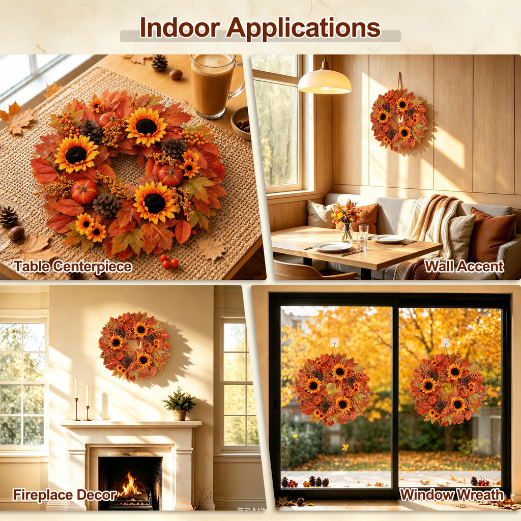 24" Fall Wreath for Front Door Outside Sunflower Autumn Wreath