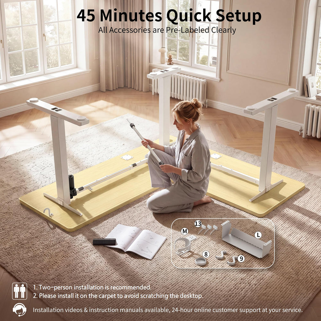 Reversible L Shaped Standing Desk Height Adjustable with Cup Holder, Electric Corner Computer Desk, Sit Stand up Home
