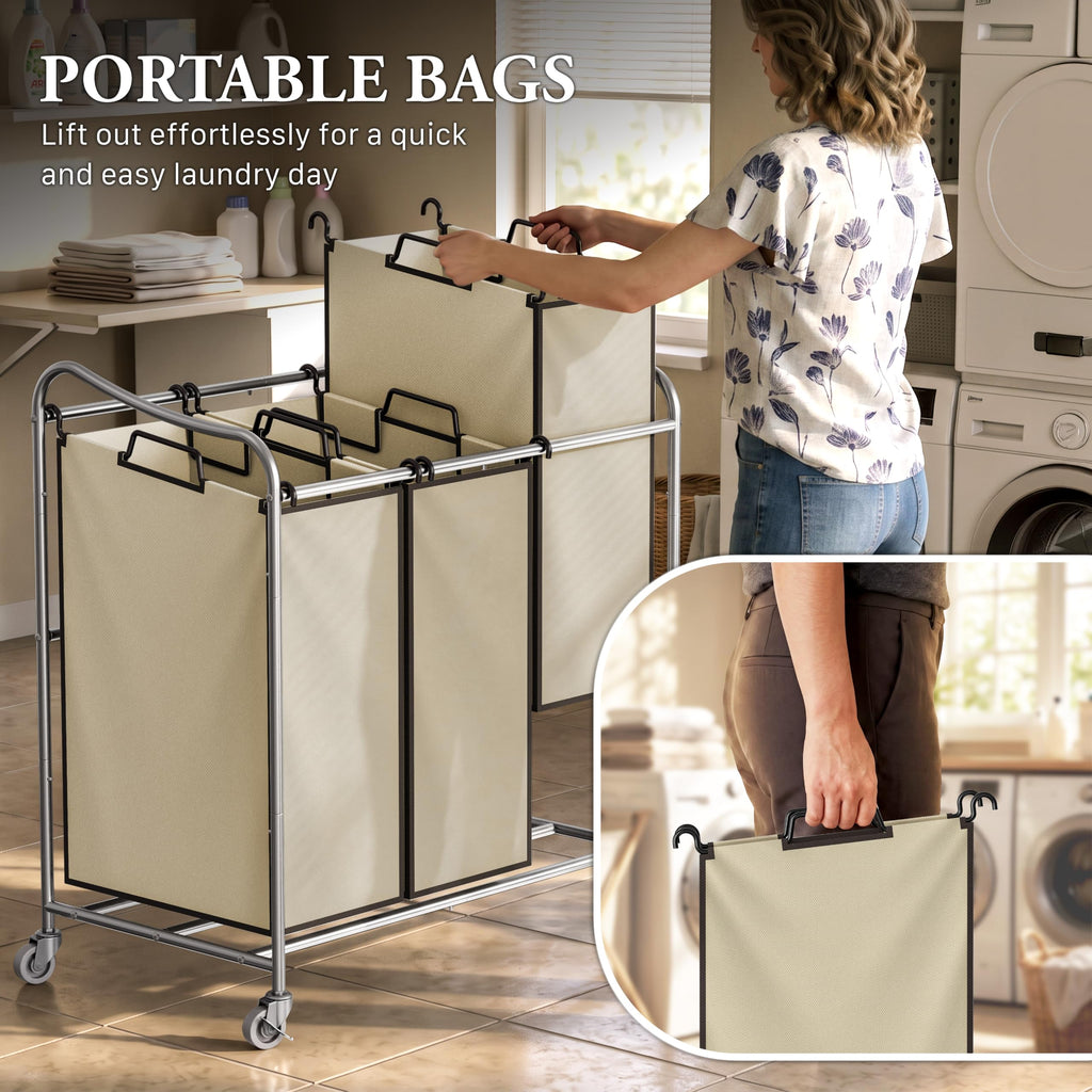 Heavy Duty 3-Bag Laundry Sorter Rolling Cart, Chrome