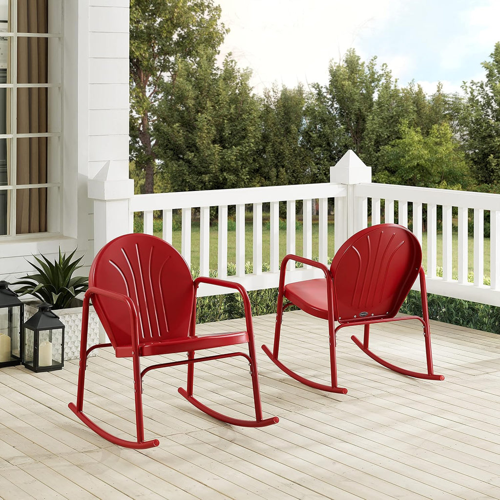 Griffith Retro Metal Outdoor Rocking Chairs, Set of 2, for Porch, Deck, Balcony, Backyard, Bright Red Gloss