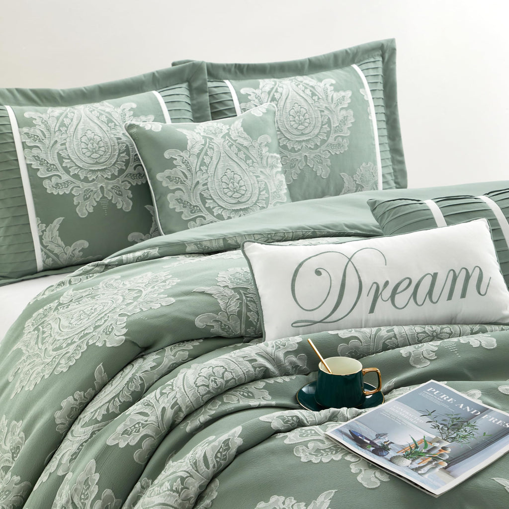 Sage 7PC Comforter Set, Jacquard with Matching Solid Piecework Bedding Set, All Season
