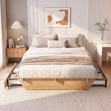 Queen Japanese Bed Frame with Storage, Wood Platform Bed Frame