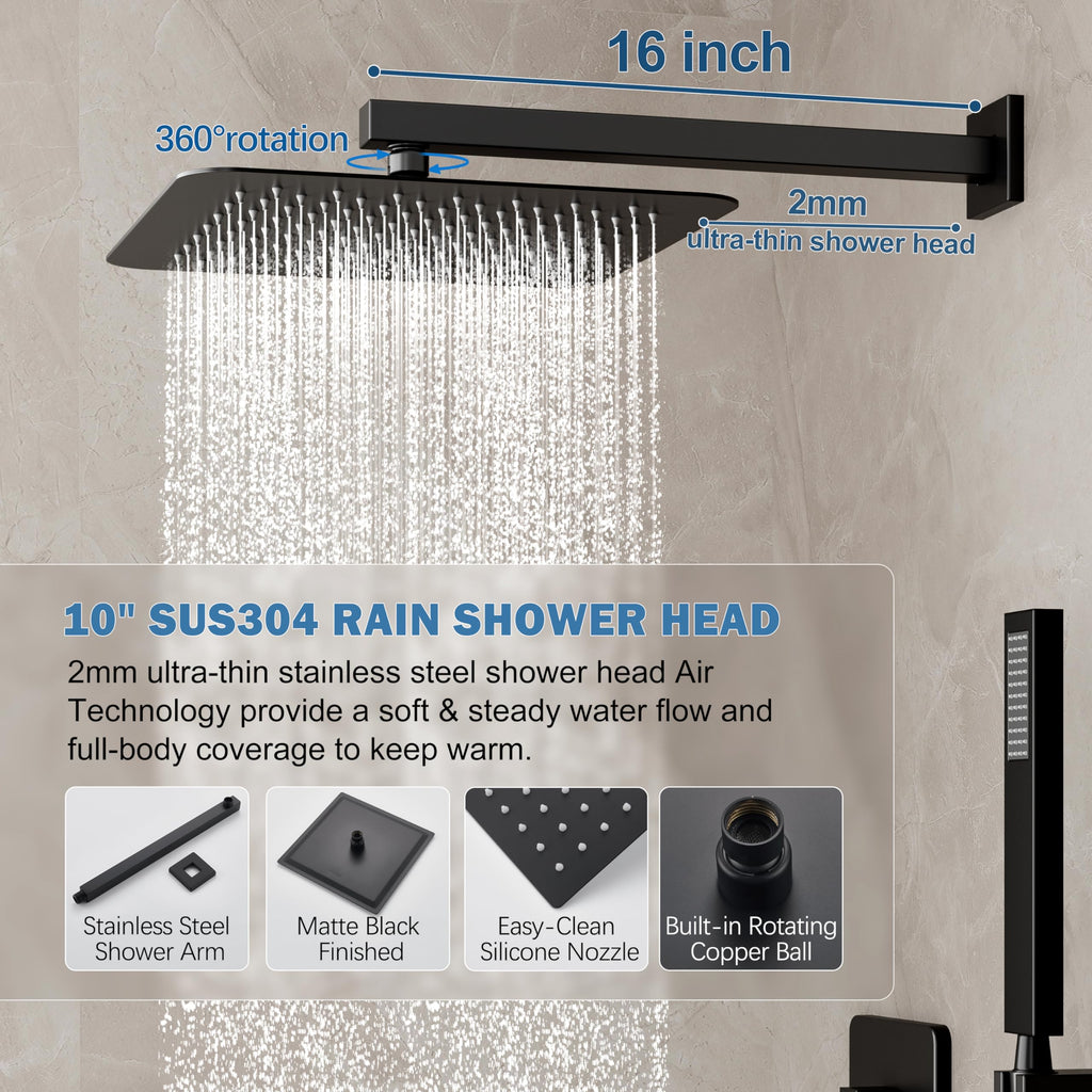 10" Rain Shower System with Handheld & Valve, Matte Black