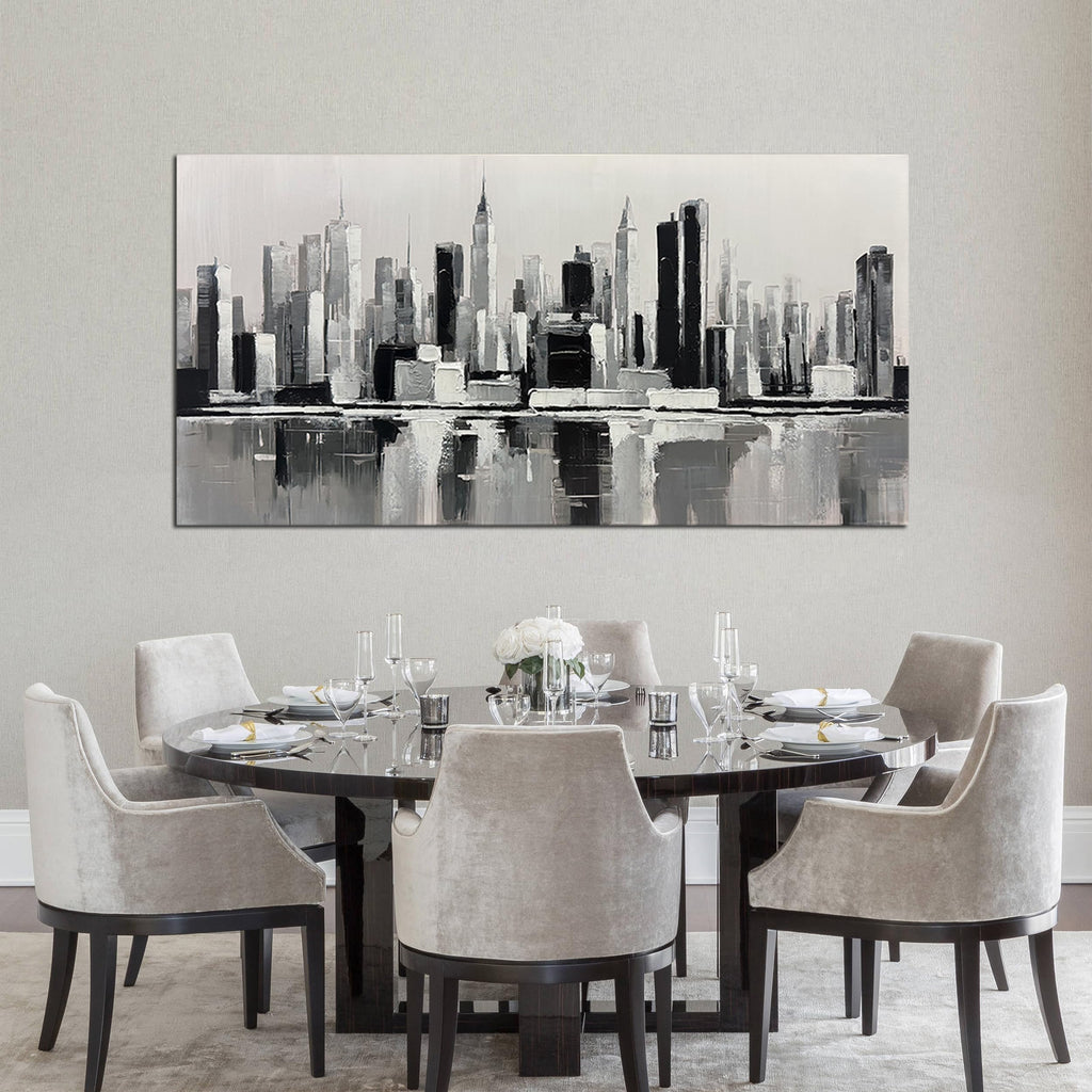 Black and White Wall Art New York City Textured Painting 29x58 Inch