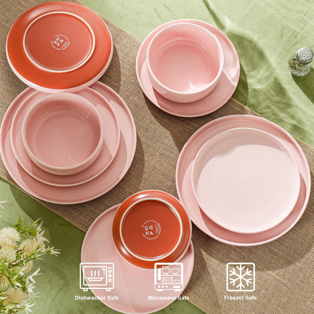 12 Piece Ceramic Plates and Bowls Sets for 4, Elegant Pink