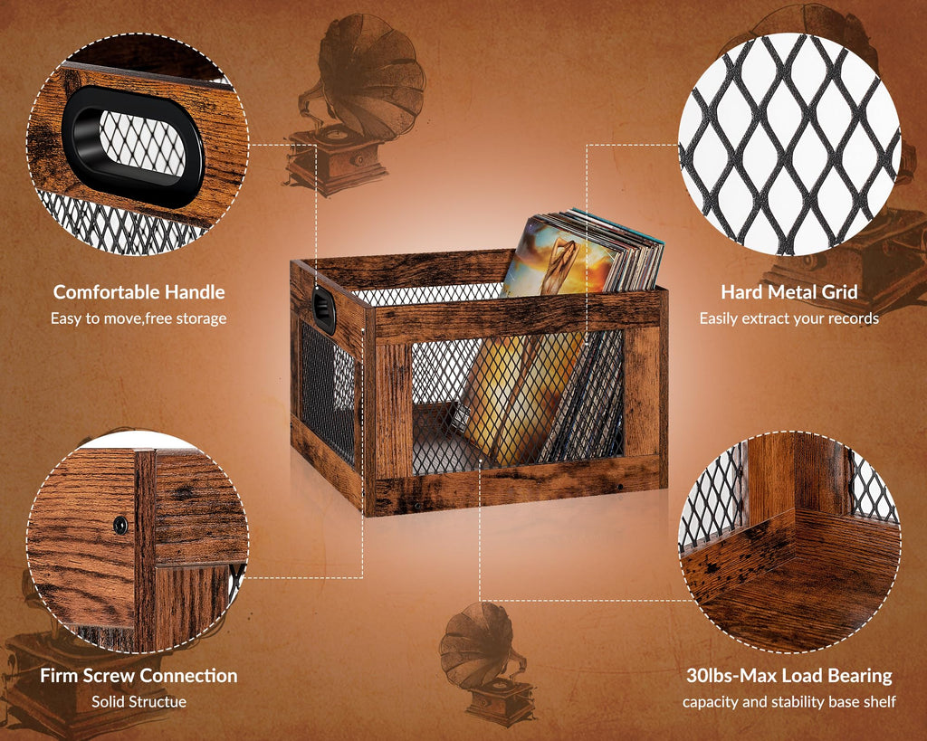 Vinyl Record Storage Crate Wooden Record Holder, Classic Cube Record Organizer Storage 100+ Records, Brown Color