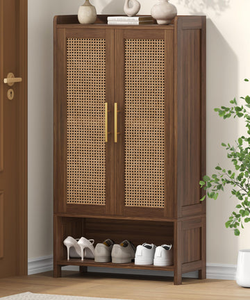 Rattan Shoe Cabinet with Doors & Adjustable Shelves, Walnut