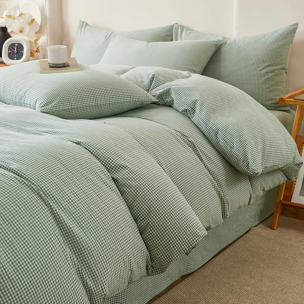 Mint Green Gingham Duvet Cover Set - 3 Piece Washed Cotton Linen Like Plaid Bedding Set with Zipper, Soft &