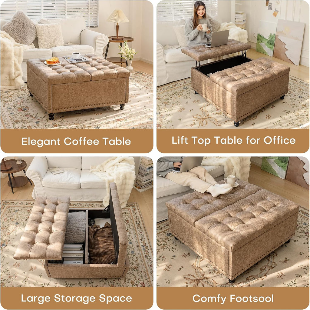 35 Inch Large Square Storage Ottoman, Coffee Table Ottoman, Faux | Lift Top Ottomans Bench Square Footrest Oversized