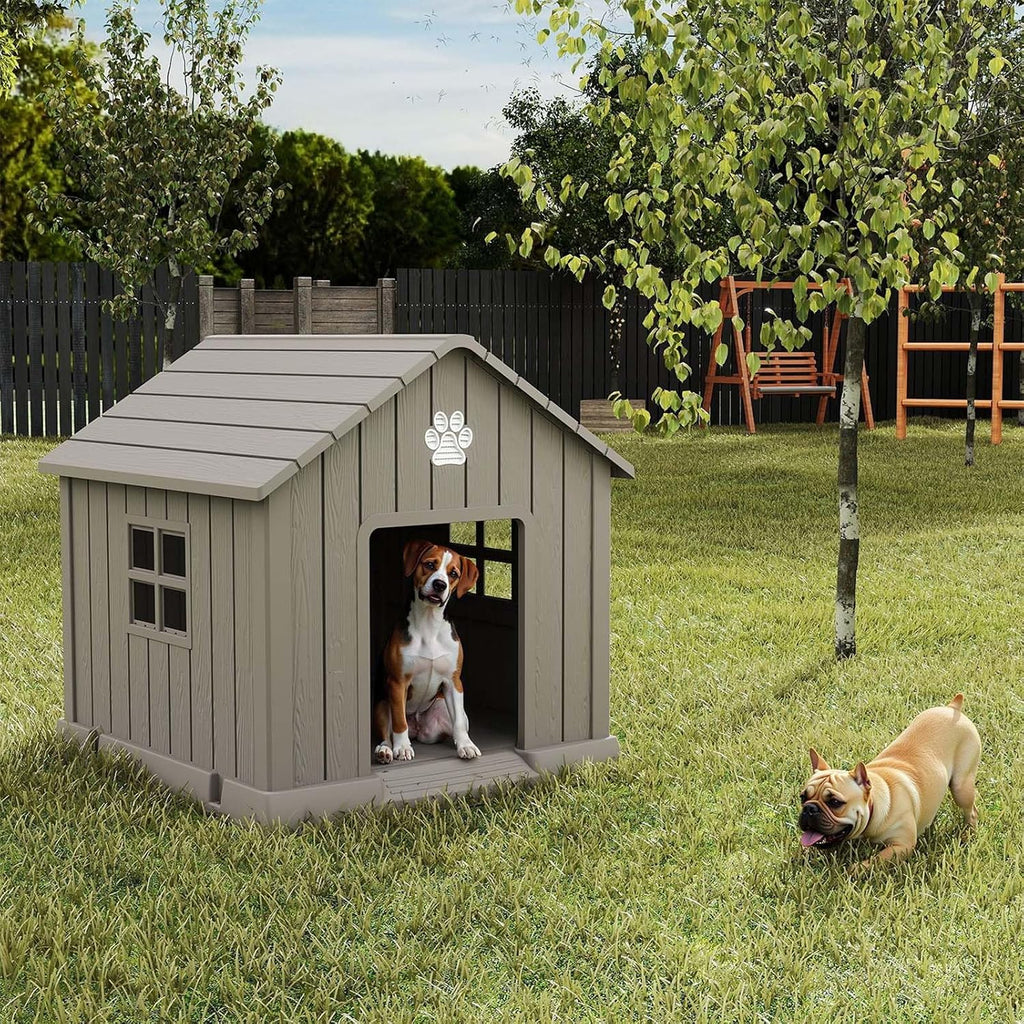 Dog House Outdoor Indoor, Dog House Weatherproof Resin Shelter with Air Vents and Elevated Floor for Small Medium