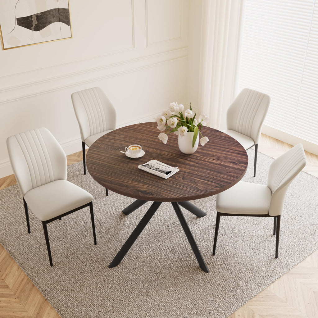 45.3'' Walnut Round Dining Table Set for 4, Mid Century Modern Small Coffee Set Kitchen Apartment (Dark Walnut Table