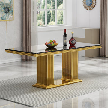 Marble Dining Table for 6-8 Modern Kitchen Table with Gold Stainless Steel Double Column Pedestal Luxury 70""