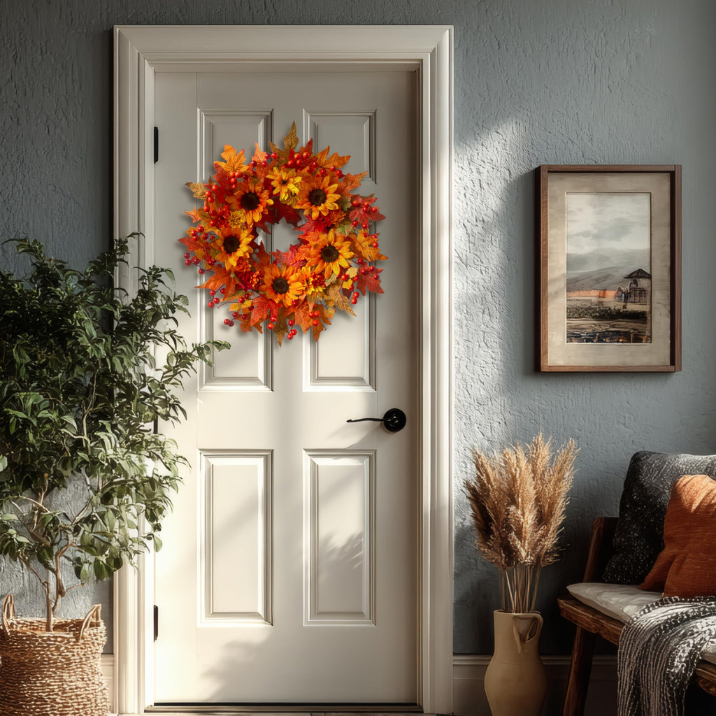 20" Sunflower Fall Wreath for Front Door Outside with Maple Leaves & Berry
