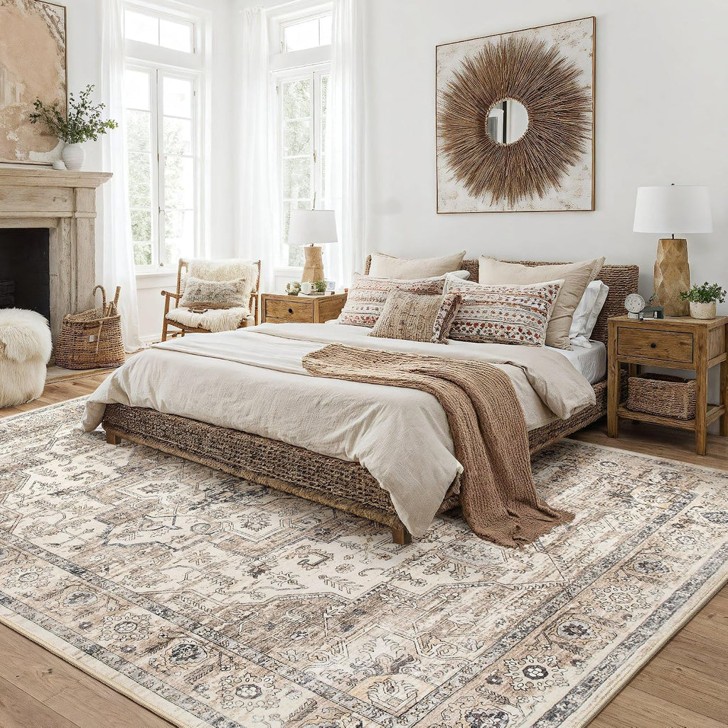 Area Rugs Living Room: Washable Vintage Tea Brown Rug