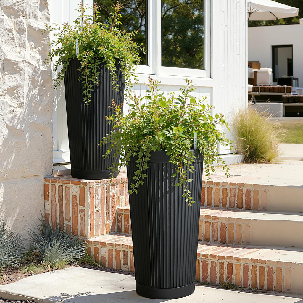 24" Self Watering Tall Black Planters Outdoor Set of 2