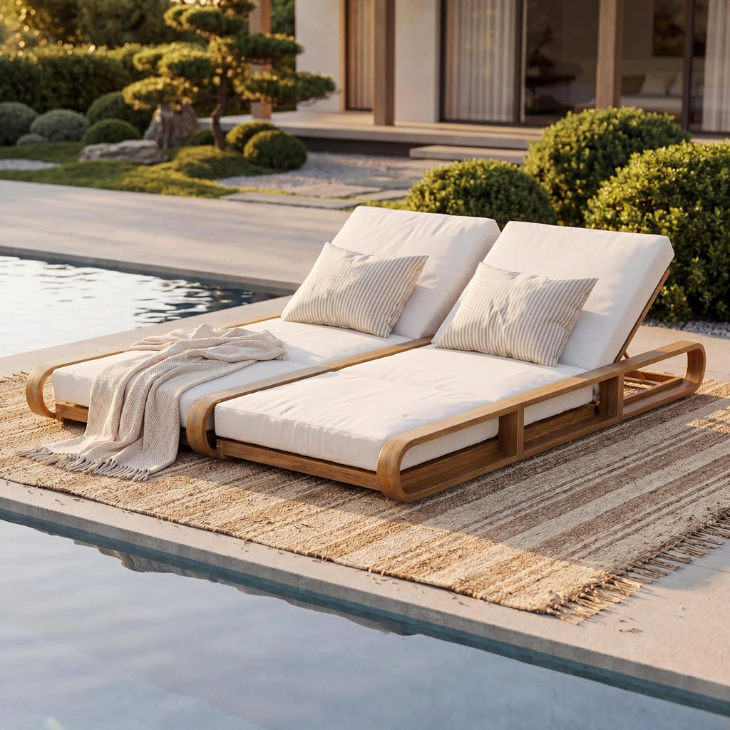 Double Chaise Lounge Chair Outdoor with 4-Position Adjustable Backrest for Each Seat & 3-Fold Cushions, Acacia Wood