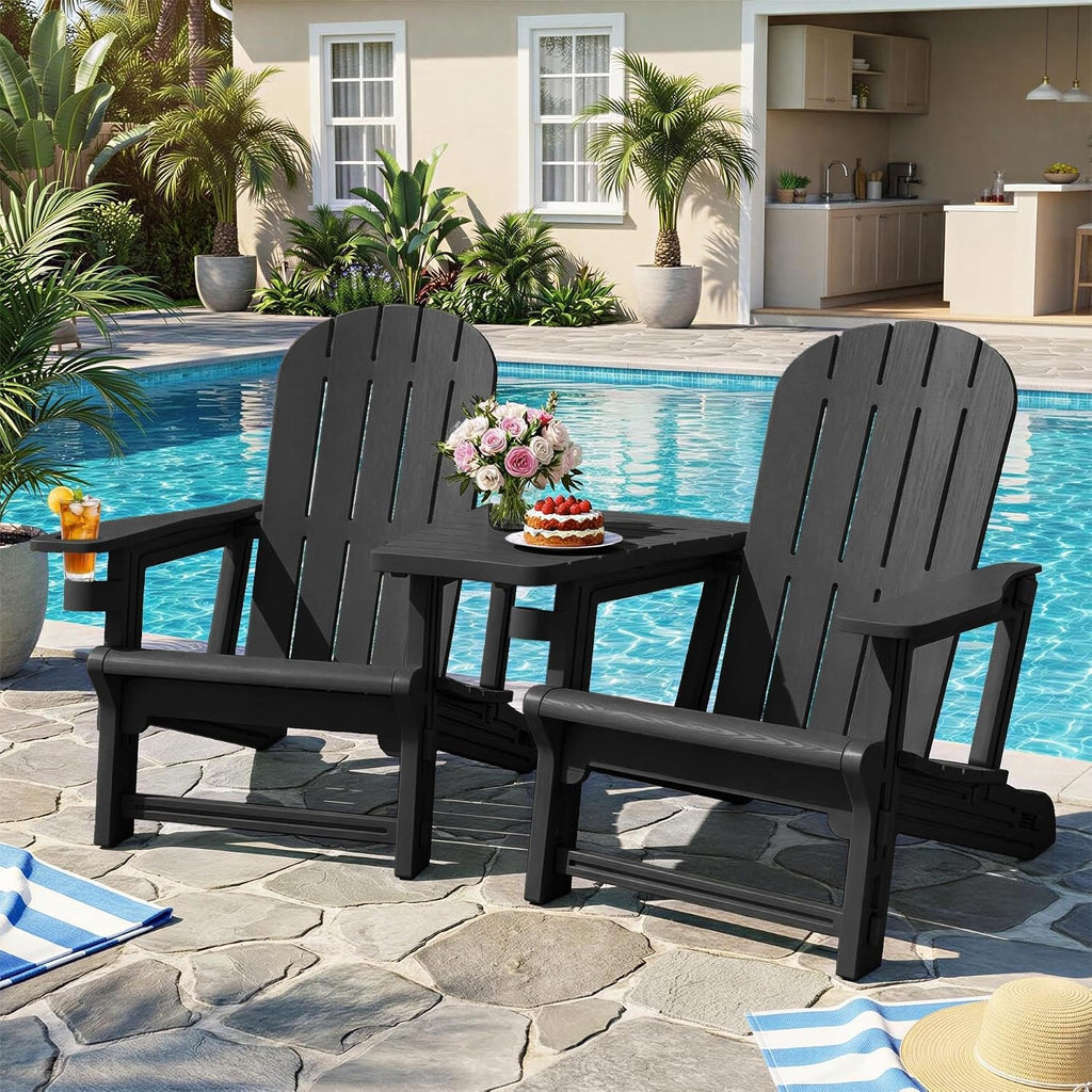 JY QAQA Outdoor Adirondack Chair Set of 2, All-Weather HDPE Patio Furniture with Detachable Table, Wood Texture & Cup