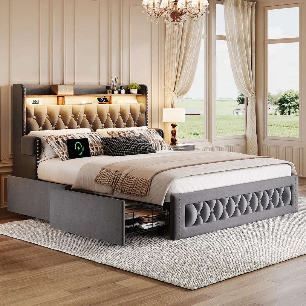 Queen Size Bed Frame with 4 Storage Drawers, Velvet Upholstered Queen Platform Bed with Charging Station and Bookcase
