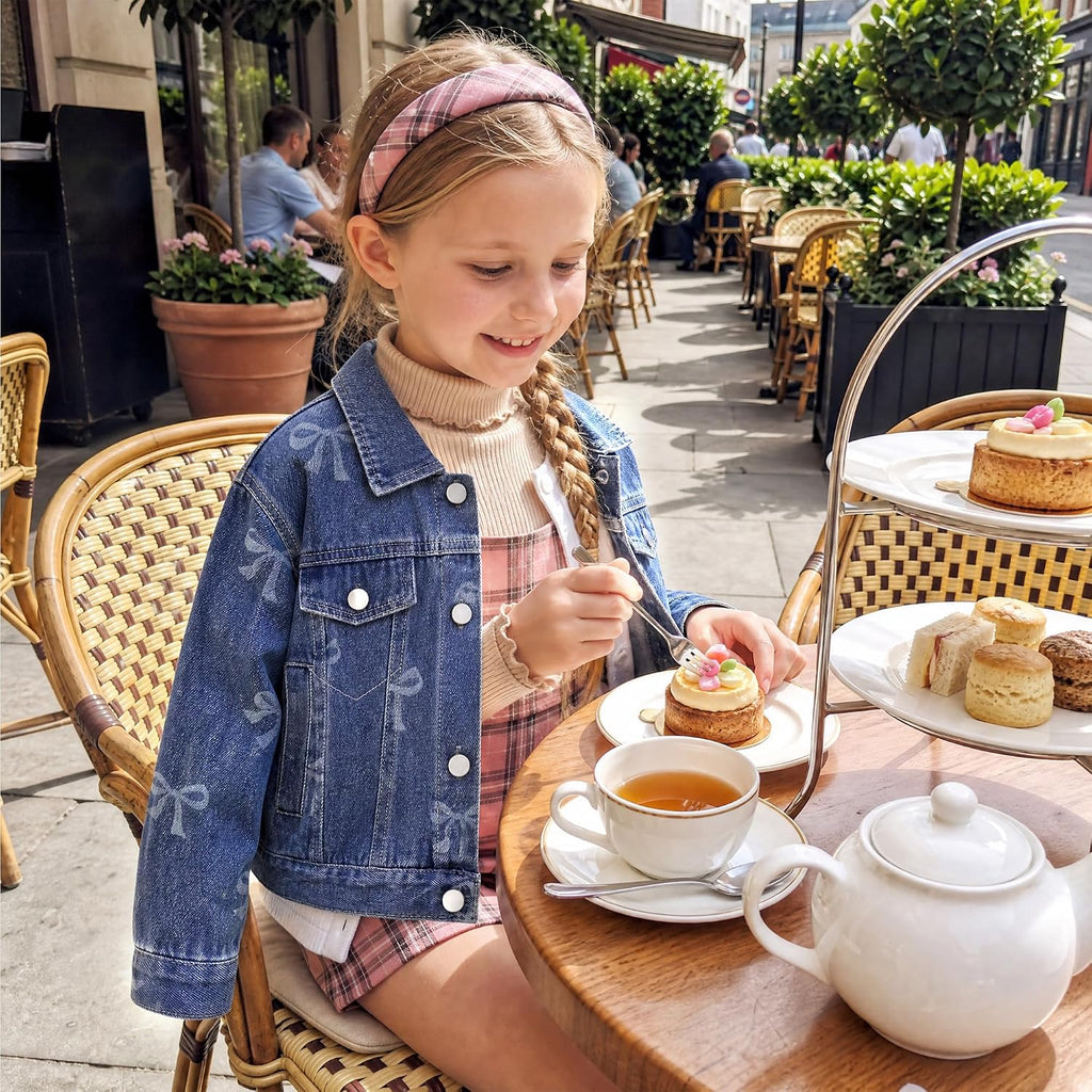 Girls Denim Jacket with Bow Casual School Outerwear Coat
