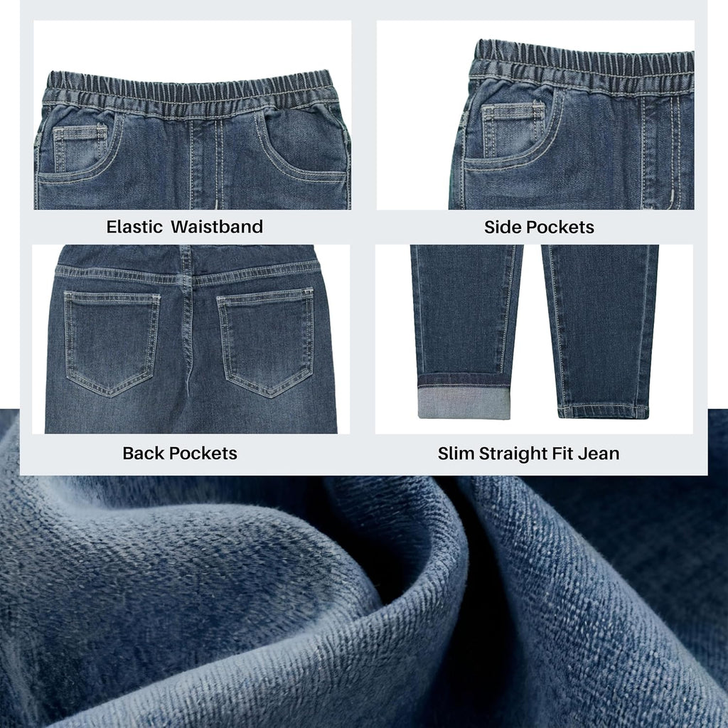 Boys Slim Fit Stretch Jeans Elastic Waist Pull-on Denim Pants with Pockets Kids School