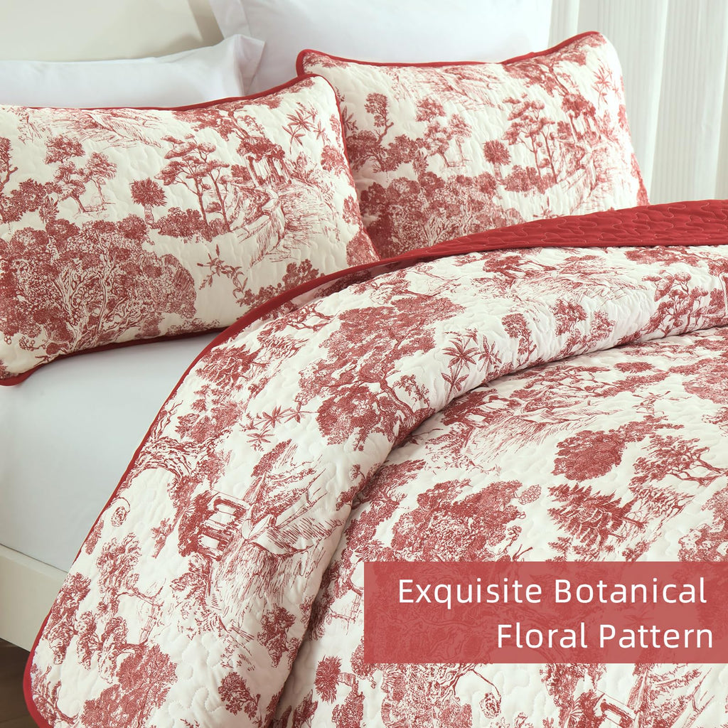 Quilt Set Queen, Botanical Floral Bedspread, Christmas Red