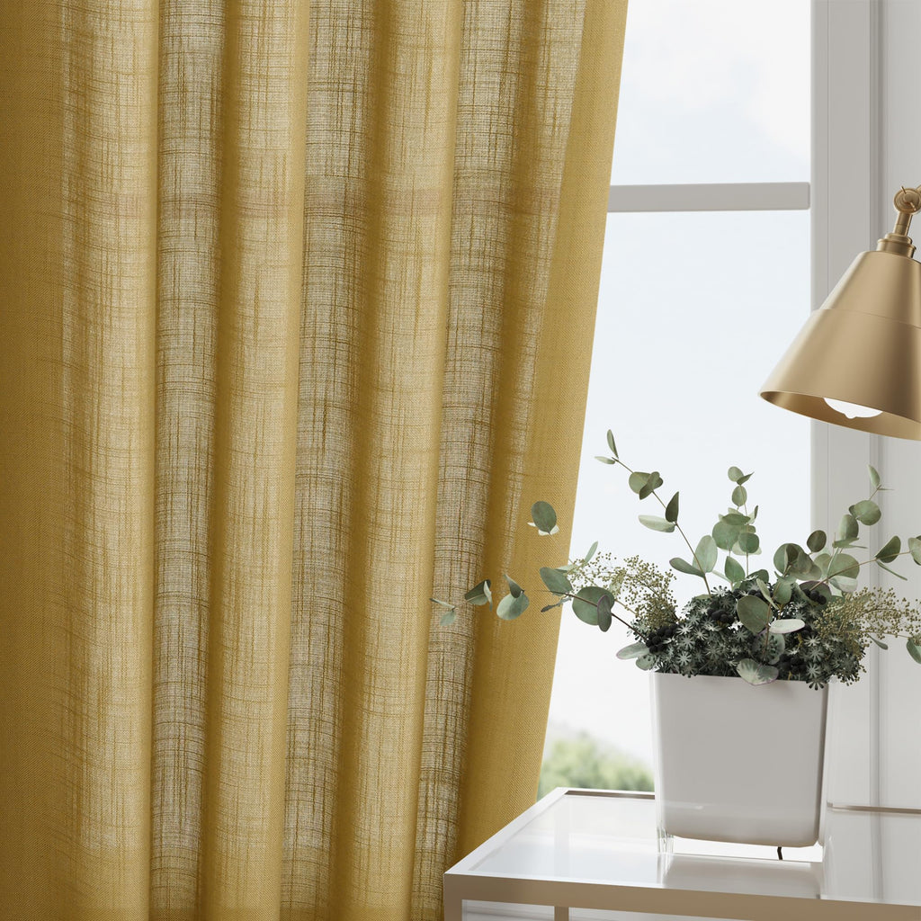 Gold Linen Curtains 84 Inch Length 2 Panels Set Rod Pocket Back Tab Light Filtering Window Drapes Dining Room Protect