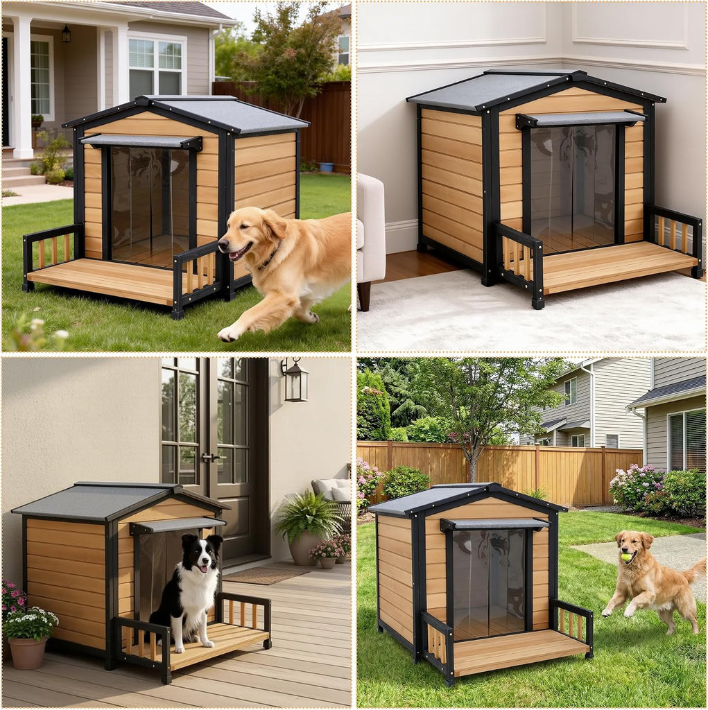 Large Dog House Outdoor, Wood Weatherproof Shelter with Elevated Floor