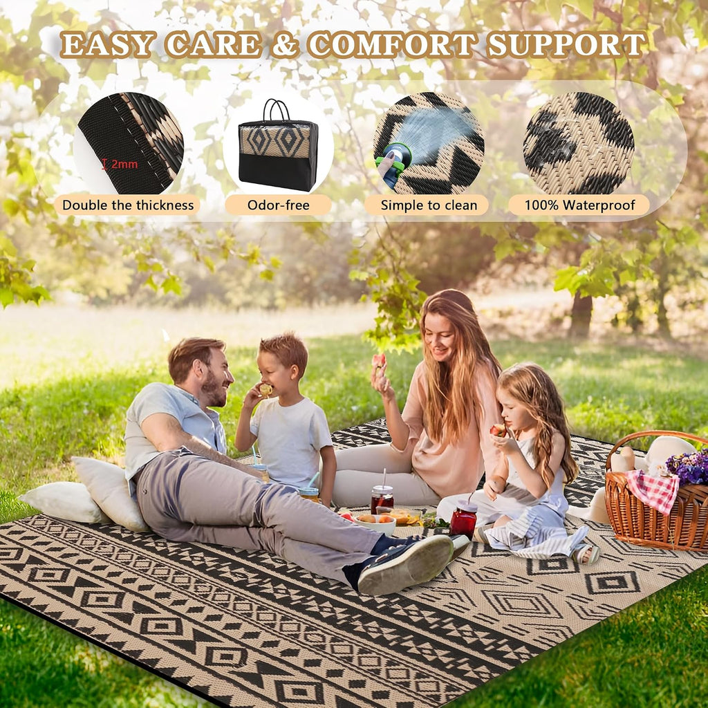 Outdoor Rug 8x10 ft, Boho Black & Beige