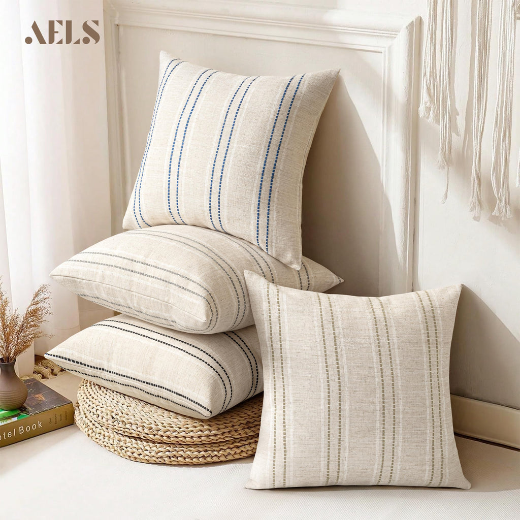 18x18 Decorative Farmhouse Linen Blend Throw Pillow Covers, Boho Textured Pillow Case, Set of 2, Beige with White &