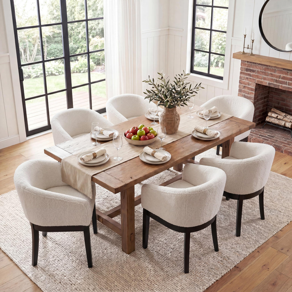 Barrel Set of 6, Mid Century Modern Upholstered with Arms, Sherpa Boucle Kitchen & Dining Room Chairs, Solid Wood