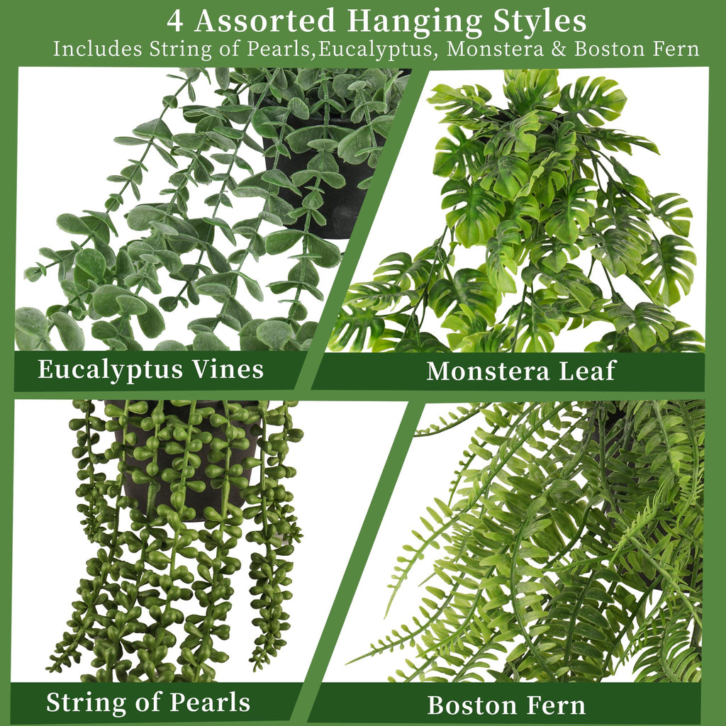 4 Pack Artificial Hanging Plants Indoor - Faux Hanging Wall Plants, String of Pearls, Eucalyptus & Monstera, Fake