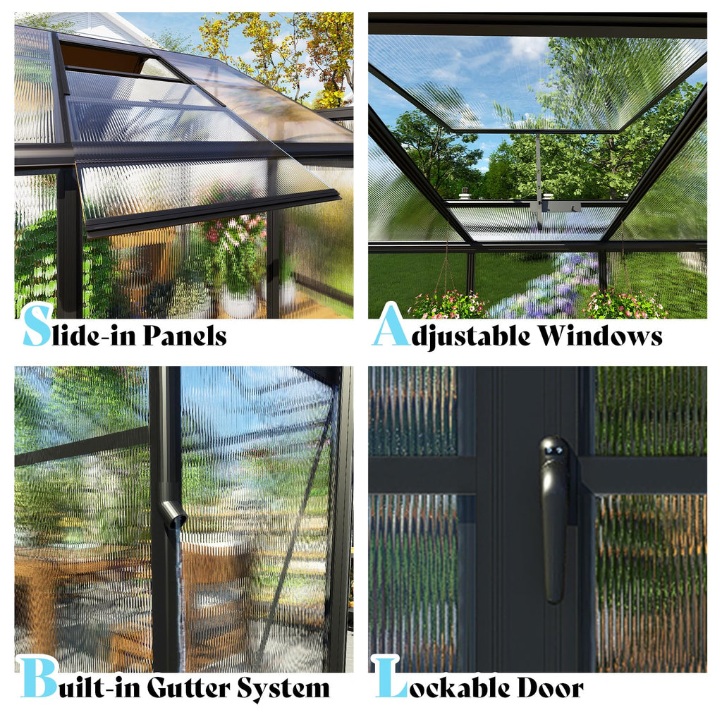 8x12x7FT Polycarbonate Greenhouse, Walk in Greenhouse with Quick-Connect System, Green House with 4 Vent Windows and