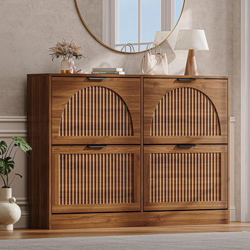 Fluted Shoe Storage Cabinet, 4 Flip Drawers, Walnut